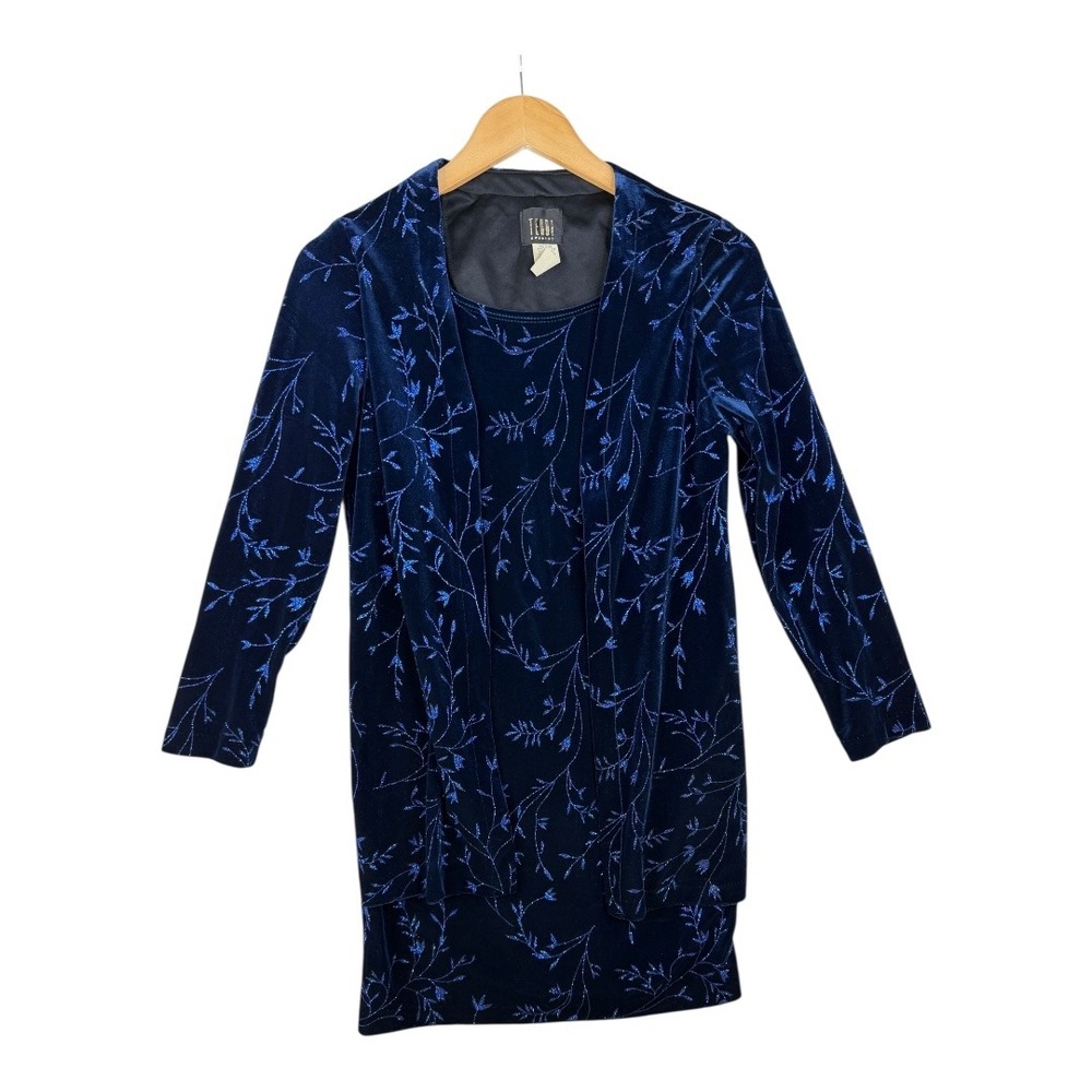 Teddi Evening‎ Women's Blue Metallic Blue Stretch Dress Size 6P Long Sleeves